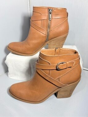 Lucky Brand Leather Buckle Ankle Boots Tan/Camel Eloy Block Heel Sz 8/38